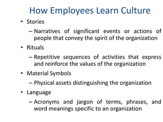 How Employees Learn Culture
• Stories
– Narratives of significant events or actions of
people that convey the spirit of the organization
• Rituals
– Repetitive sequences of activities that express
and reinforce the values of the organization
• Material Symbols
– Physical assets distinguishing the organization
• Language
– Acronyms and jargon of terms, phrases, and
word meanings specific to an organization
 