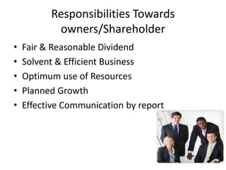 Responsibilities Towards
owners/Shareholder
• Fair & Reasonable Dividend
• Solvent & Efficient Business
• Optimum use of Resources
• Planned Growth
• Effective Communication by report
 