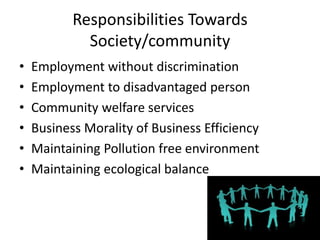 Responsibilities Towards
Society/community
• Employment without discrimination
• Employment to disadvantaged person
• Community welfare services
• Business Morality of Business Efficiency
• Maintaining Pollution free environment
• Maintaining ecological balance
 