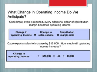 Once break-even is reached, every additional dollar of contribution
margin becomes operating income:
Oxco expects sales to increase by $15,000. How much will operating
income increase?
Change in
operating income = $15,000 × .40 = $6,000
Change in Change in Contribution
operating income sales volume margin ratio= ×
What Change in Operating Income Do We
Anticipate?
 