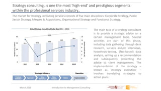 March 2016 Introduction to Management Consulting
Strategy consulting, is one the most 'high-end' and prestigious segments
within the professional services industry..
The market for strategy consulting services consists of five main disciplines: Corporate Strategy, Public
Sector Strategy, Mergers & Acquisitions, Organisational Strategy and Functional Strategy.
The main task of a strategy consultant
is to provide a strategic advice on a
certain management topic. Several
activities are part of this phase,
including data gathering through desk
research, surveys and/or interviews,
hypothesis-testing, (fact-based) data
analysis, setting up a recommendation
and subsequently presenting the
advice to client management. The
implementation of the strategy –
known as 'strategy execution' –
involves translating strategies to
action plans.
 