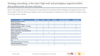 March 2016 Introduction to Management Consulting
Strategy consulting, is the most 'high-end' and prestigious segment within
the professional services industry.
Across the globe there are thousands of consulting firms that provide strategy consulting services, yet
the number of firms that have a global reach and reputation is limited to a much smaller number active
in the top of the market.
 