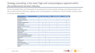 March 2016 Introduction to Management Consulting
Strategy consulting, is the most 'high-end' and prestigious segment within
the professional services industry.
Across the globe there are thousands of consulting firms that provide strategy consulting services, yet
the number of firms that have a global reach and reputation is limited to a much smaller number active
in the top of the market.
 