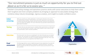 March 2016 Introduction to Management Consulting
“Our recruitment process is just as much an opportunity for you to find out
about us as it is for us to assess you. “
Deloitte’s Consulting strategy and operations practice works with senior executives to help them solve
their toughest and most complex problems by bringing an approach to executable strategy that
combines deep industry knowledge, rigorous analysis, and insight to enable confident action.
Initial
screening
When you submit your online application, it will be given directly to the correct
recruitment team member. They will then assess your experience to see how well
it matches the job description (which will also have been hosted on the website for
you to see when you applied). The more information you provide to demonstrate a
good match the better.
Testing For some roles we may require you to complete either psychometric or skills based
tests. Or we may ask you to consider a case study and give us your views on how
you would tackle a client’s business problems.
Interview The more senior the role you are applying for the more interviews you can expect
to attend. Our interviews are competency based and are conducted by a trained
interviewer. This will be a recruiter or manager depending on the role. This is also
your opportunity to ask any questions that matter to you.
Final
assessment
The final stage will be a more in depth discussion of your experience. You may also
be asked to make a presentation or take part in a group discussion. This will be
with key people and often the lead partner from the team you will work for if you
are successful.
 