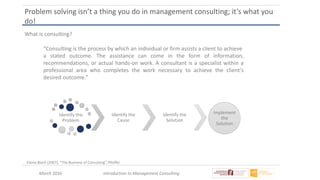 March 2016 Introduction to Management Consulting
Problem solving isn’t a thing you do in management consulting; it’s what you
do!
What is consulting?
“Consulting is the process by which an individual or firm assists a client to achieve
a stated outcome. The assistance can come in the form of information,
recommendations, or actual hands-on work. A consultant is a specialist within a
professional area who completes the work necessary to achieve the client’s
desired outcome.”
Elaine Biech (2007), “The Business of Consulting”, Pfeiffer
Identify the
Problem
Identify the
Cause
Identify the
Solution
Implement
the
Solution
 