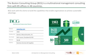 March 2016 Introduction to Management Consulting
The Boston Consulting Group (BCG) is a multinational management consulting
firm with 85 offices in 48 countries.
BCG work with the clients to build the capabilities that enable organizations to achieve sustainable
advantage.
Website www.bcg.com
Founded 1963
Headquarters Boston, Massachusetts, US
Key People Rich Lesser, President & CEO
Revenue $4,5B
Industry Business Services & Supplies
 