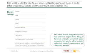 March 2016 Introduction to Management Consulting
BCG seeks to identify clients real needs, not just deliver good work. In trade-
offs between BCG’s and a client’s interest, the client comes first.
“Our clients include many of the world’s
most ambitious organizations. Many of
them rank among the world’s 500 largest
companies, but we also advise midsized
businesses, nonprofit organizations and
government agencies.’’
Clients
Served
Google
IBM
Aetna
Pfizer
American Airlines
Ford Motor Company
Tata Group
Harvard School of Public Health
Russian Ministry of Energy, Government of Canada,
United States Agency for International Development
 