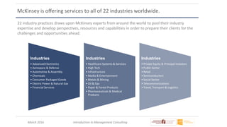 March 2016 Introduction to Management Consulting
McKinsey is offering services to all of 22 industries worldwide.
22 industry practices draws upon McKinsey experts from around the world to pool their industry
expertise and develop perspectives, resources and capabilities in order to prepare their clients for the
challenges and opportunities ahead.
Industries
• Advanced Electronics
• Aerospace & Defense
• Automotive & Assembly
• Chemicals
• Consumer Packaged Goods
• Electric Power & Natural Gas
• Financial Services
Industries
• Healthcare Systems & Services
• High Tech
• Infrastructure
• Media & Entertainment
• Metals & Mining
• Oil & Gas
• Paper & Forest Products
• Pharmaceuticals & Medical
Products
Industries
• Private Equity & Principal Investors
• Public Sector
• Retail
• Semiconductors
• Social Sector
• Telecommunications
• Travel, Transport & Logistics
 