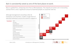March 2016 Introduction to Management Consulting
Bain is consistently voted as one of the best places to work.
Bain is a global firm, comprising more than 5,700 employees. The majority of careers are in Consulting
and but there is also a significant amount of talented people on corporate side too.
Although management consulting is Bain &
Company's core business, it takes a huge team of
talented individuals around the world to support it.
Functions Legal
Recruiting
Human Resources
Marketing & Communications
Design and Creative Services
Finance
Technical Services Group
Training
Executive Assistants
Information Services
Office Services and Reception
Product, Practice, Knowledge (PPK)
Advanced Analytics
 