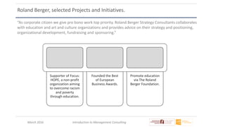 March 2016 Introduction to Management Consulting
Roland Berger, selected Projects and Initiatives.
Supporter of Focus:
HOPE, a non-profit
organization aiming
to overcome racism
and poverty
through education.
Founded the Best
of European
Business Awards.
Promote education
via The Roland
Berger Foundation.
“As corporate citizen we give pro bono work top priority. Roland Berger Strategy Consultants collaborates
with education and art and culture organizations and provides advice on their strategy and positioning,
organizational development, fundraising and sponsoring.”
 