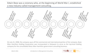 March 2016 Introduction to Management Consulting
Edwin Booz was a visionary who, at the beginning of World War I, established
a new industry called management consulting.
On July 31, 2008, the company spun off the commercial and international portion of the company. Booz
Allen Hamilton Holding Corporation was incorporated in Delaware to serve as the top-level holding
company for the consolidated Booz Allen Hamilton government consulting business.
 