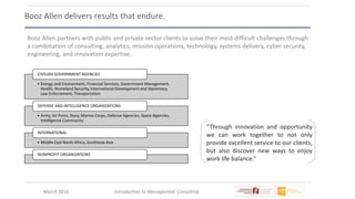 March 2016 Introduction to Management Consulting
Booz Allen delivers results that endure.
Booz Allen partners with public and private sector clients to solve their most difficult challenges through
a combination of consulting, analytics, mission operations, technology, systems delivery, cyber security,
engineering, and innovation expertise.
• Energy and Environment, Financial Services, Government Management,
Health, Homeland Security, International Development and Diplomacy,
Law Enforcement, Transportation
CIVILIAN GOVERNMENT AGENCIES
• Army, Air Force, Navy, Marine Corps, Defense Agencies, Space Agencies,
Intelligence Community
DEFENSE AND INTELLIGENCE ORGANIZATIONS
• Middle East North Africa, Southeast Asia
INTERNATIONAL
NONPROFIT ORGANIZATIONS
“Through innovation and opportunity
we can work together to not only
provide excellent service to our clients,
but also discover new ways to enjoy
work life balance.”
 