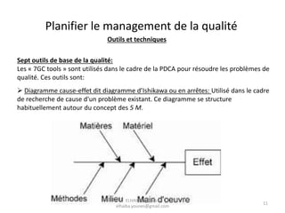 Outils et techniques
Sept outils de base de la qualité:
Les « 7GC tools » sont utilisés dans le cadre de la PDCA pour résoudre les problèmes de
qualité. Ces outils sont:
 Diagramme cause-effet dit diagramme d’Ishikawa ou en arrêtes: Utilisé dans le cadre
de recherche de cause d'un problème existant. Ce diagramme se structure
habituellement autour du concept des 5 M.
Planifier le management de la qualité
ELHAIBA Younes -
elhaiba.younes@gmail.com
11
 