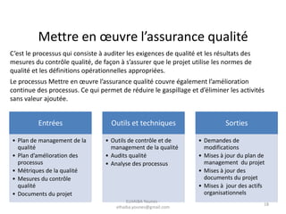 C’est le processus qui consiste à auditer les exigences de qualité et les résultats des
mesures du contrôle qualité, de façon à s’assurer que le projet utilise les normes de
qualité et les définitions opérationnelles appropriées.
Le processus Mettre en œuvre l’assurance qualité couvre également l’amélioration
continue des processus. Ce qui permet de réduire le gaspillage et d’éliminer les activités
sans valeur ajoutée.
Mettre en œuvre l’assurance qualité
Entrées
• Plan de management de la
qualité
• Plan d’amélioration des
processus
• Métriques de la qualité
• Mesures du contrôle
qualité
• Documents du projet
Outils et techniques
• Outils de contrôle et de
management de la qualité
• Audits qualité
• Analyse des processus
Sorties
• Demandes de
modifications
• Mises à jour du plan de
management du projet
• Mises à jour des
documents du projet
• Mises à jour des actifs
organisationnels
ELHAIBA Younes -
elhaiba.younes@gmail.com
18
 