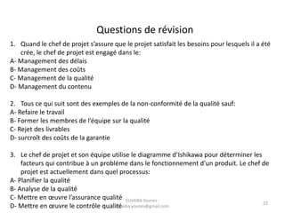1. Quand le chef de projet s’assure que le projet satisfait les besoins pour lesquels il a été
crée, le chef de projet est engagé dans le:
A- Management des délais
B- Management des coûts
C- Management de la qualité
D- Management du contenu
2. Tous ce qui suit sont des exemples de la non-conformité de la qualité sauf:
A- Refaire le travail
B- Former les membres de l’équipe sur la qualité
C- Rejet des livrables
D- surcroît des coûts de la garantie
3. Le chef de projet et son équipe utilise le diagramme d’Ishikawa pour déterminer les
facteurs qui contribue à un problème dans le fonctionnement d’un produit. Le chef de
projet est actuellement dans quel processus:
A- Planifier la qualité
B- Analyse de la qualité
C- Mettre en œuvre l’assurance qualité
D- Mettre en œuvre le contrôle qualité
Questions de révision
ELHAIBA Younes -
elhaiba.younes@gmail.com
22
 