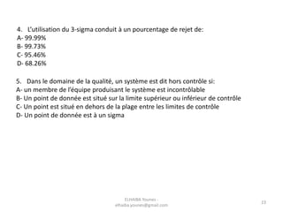 4. L’utilisation du 3-sigma conduit à un pourcentage de rejet de:
A- 99.99%
B- 99.73%
C- 95.46%
D- 68.26%
5. Dans le domaine de la qualité, un système est dit hors contrôle si:
A- un membre de l’équipe produisant le système est incontrôlable
B- Un point de donnée est situé sur la limite supérieur ou inférieur de contrôle
C- Un point est situé en dehors de la plage entre les limites de contrôle
D- Un point de donnée est à un sigma
ELHAIBA Younes -
elhaiba.younes@gmail.com
23
 