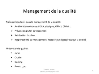 Management de la qualité
Notions importants dans le management de la qualité:
 Amélioration continue: PDCA, six sigma, OPM3, CMMI …
 Prévention plutôt qu’inspection
 Satisfaction du client
 Responsabilité du management: Ressources nécessaires pour la qualité
Théories de la qualité:
 Juran
 Crosby
 Deming
 Pareto ,,,etc.
ELHAIBA Younes -
elhaiba.younes@gmail.com
3
 