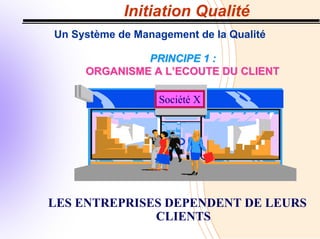 Initiation Qualité
Un Système de Management de la Qualité
PRINCIPE 1 :
PRINCIPE 1 :
ORGANISME A L’ECOUTE DU CLIENT
ORGANISME A L’ECOUTE DU CLIENT
Société X
LES ENTREPRISES DEPENDENT DE LEURS
CLIENTS
 