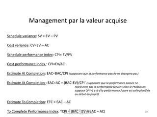 Schedule variance: SV = EV – PV
Cost variance: CV=EV – AC
Schedule performance index: CPI= EV/PV
Cost performance index : CPI=EV/AC
Estimate At Completion: EAC=BAC/CPI (supposant que la performance passée ne changera pas)
Estimate At Completion : EAC=AC + (BAC-EV)/CPI’ (supposant que la performance passée ne
représente pas la performance future; selon le PMBOK on
suppose CPI’=1 c-à-d la performance future est celle planifiée
au début du projet)
Estimate To Completion: ETC = EAC – AC
To Complete Performance Index: TCPI = (BAC - EV)/(BAC – AC)
Management par la valeur acquise
ELHAIBA Younes -
elhaiba.younes@gmail.com
20
 