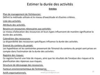 Estimer la durée des activités
Entrées
Plan de management de l’échéancier:
Définit la méthode utilisée et le niveau d’exactitude et d’autres critères.
Liste des activités.
Attributs des activités.
Besoins en ressources nécessaires aux activités:
Le niveau d’allocation des ressources et leurs types influencent de manière significative la
durée des activités.
Calendriers des ressources:
La disponibilité des ressources spécifiques influence la durée des activités.
Enoncé du contenu du projet:
Les hypothèses et les contraintes provenant de l’énoncé du contenu du projet sont prises en
compte dans l’estimation de la durée des activités.
Registre des risques:
Ce registre fournit une liste de risques, ainsi que les résultats de l’analyse des risques et la
planification des réponses aux risques.
Structure de découpage des ressources.
Facteurs environnementaux de l’entreprise.
Actifs organisationnels.
23
ELHAIBA Younes -
elhaiba.younes@gmail.com
 