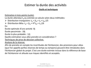 Estimer la durée des activités
Outils et techniques
Estimation à trois points (suite):
La durée attendue tA ou estimée se calcule selon deux méthodes:
 Distribution triangulaire: tA = (tO + tP + tPP )/3
 Distribution Bêta: tA = (tO + 4*tPP + tP )/6
Ex:
Durée optimale d’une activité :9j
Durée pessimiste : 18j
Durée la plus probable : 12j
Quelle estimation vous allez prendre en considération ?
Techniques de prise de décision collective.
Analyse de la réserve:
Afin de prendre en compte les incertitudes de l’échéancier, des provisions pour aléas
(que l’on appelle parfois réserves de temps ou tampons) peuvent être introduites dans
l’échéancier global du projet. C’est une durée estimée incluse dans la référence de base
de l’échéancier et allouée aux risques identifiés et acceptés.
25
ELHAIBA Younes -
elhaiba.younes@gmail.com
 