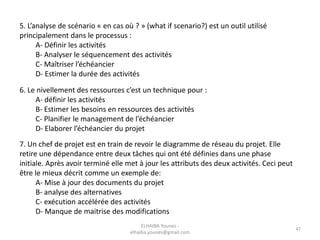 47
5. L’analyse de scénario « en cas où ? » (what if scenario?) est un outil utilisé
principalement dans le processus :
A- Définir les activités
B- Analyser le séquencement des activités
C- Maîtriser l’échéancier
D- Estimer la durée des activités
6. Le nivellement des ressources c’est un technique pour :
A- définir les activités
B- Estimer les besoins en ressources des activités
C- Planifier le management de l’échéancier
D- Elaborer l’échéancier du projet
7. Un chef de projet est en train de revoir le diagramme de réseau du projet. Elle
retire une dépendance entre deux tâches qui ont été définies dans une phase
initiale. Après avoir terminé elle met à jour les attributs des deux activités. Ceci peut
être le mieux décrit comme un exemple de:
A- Mise à jour des documents du projet
B- analyse des alternatives
C- exécution accélérée des activités
D- Manque de maitrise des modifications
ELHAIBA Younes -
elhaiba.younes@gmail.com
 