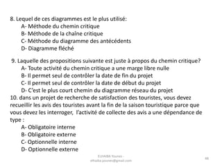 48
9. Laquelle des propositions suivante est juste à propos du chemin critique?
A- Toute activité du chemin critique a une marge libre nulle
B- Il permet seul de contrôler la date de fin du projet
C- Il permet seul de contrôler la date de début du projet
D- C’est le plus court chemin du diagramme réseau du projet
10. dans un projet de recherche de satisfaction des touristes, vous devez
recueillir les avis des touristes avant la fin de la saison touristique parce que
vous devez les interroger, l’activité de collecte des avis a une dépendance de
type :
A- Obligatoire interne
B- Obligatoire externe
C- Optionnelle interne
D- Optionnelle externe
8. Lequel de ces diagrammes est le plus utilisé:
A- Méthode du chemin critique
B- Méthode de la chaîne critique
C- Méthode du diagramme des antécédents
D- Diagramme fléché
ELHAIBA Younes -
elhaiba.younes@gmail.com
 