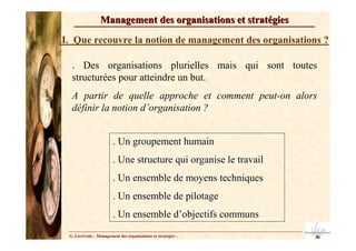Management des organisations et stratégies

.I. Que recouvre la notion de management des organisations ?

   . Des organisations plurielles mais qui sont toutes
   structurées pour atteindre un but.
   A partir de quelle approche et comment peut-on alors
   définir la notion d’organisation ?


                         . Un groupement humain
                         . Une structure qui organise le travail
                         . Un ensemble de moyens techniques
                         . Un ensemble de pilotage
                         . Un ensemble d’objectifs communs
  G. Lécrivain – Management des organisations et stratégies –
 