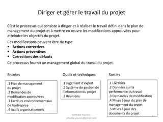Diriger et gérer le travail du projet
C’est le processus qui consiste à diriger et à réaliser le travail défini dans le plan de
management du projet et à mettre en œuvre les modifications approuvées pour
atteindre les objectifs du projet.
Ces modifications peuvent être de type:
 Actions correctives
 Actions préventives
 Corrections des défauts
Ce processus fournit un management global du travail du projet.
.1 Plan de management
du projet
.2 Demandes de
modification approuvées
.3 Facteurs environnementaux
de l’entreprise
.4 Actifs organisationnels
.1 Jugement d’expert
.2 Système de gestion de
l’information du projet
.3 Réunions
.1 Livrables
.2 Données sur la
performance du travail
.3 Demandes de modification
.4 Mises à jour du plan de
management du projet
.5 Mises à jour des
documents du projet
Entrées Outils et techniques Sorties
ELHAIBA Younes -
elhaiba.younes@gmail.com
7
 