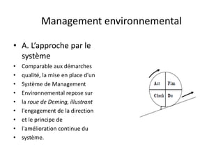 Management environnemental
• A. L’approche par le
système
• Comparable aux démarches
• qualité, la mise en place d'un
• Système de Management
• Environnemental repose sur
• la roue de Deming, illustrant
• l'engagement de la direction
• et le principe de
• l'amélioration continue du
• système.
 