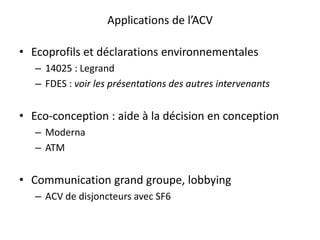 Applications de l’ACV
• Ecoprofils et déclarations environnementales
– 14025 : Legrand
– FDES : voir les présentations des autres intervenants
• Eco-conception : aide à la décision en conception
– Moderna
– ATM
• Communication grand groupe, lobbying
– ACV de disjoncteurs avec SF6
 