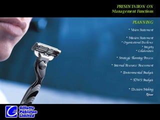 PRESENTATION ON Management Functions Vision Statement PLANNING Mission Statement Strategic Planning Process Internal Resource Assessment Environmental Analysis TOWS Analysis Organizational Excellence Integrity Collaboration Decision Making 