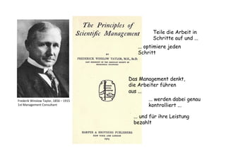Frederik	
  Winslow	
  Taylor,	
  1856	
  –	
  1915	
  
1st	
  Management	
  Consultant	
  	
  
Teile die Arbeit in
Schritte auf und ...
... optimiere jeden
Schritt
Das Management denkt,
die Arbeiter führen
aus ...
... werden dabei genau
kontrolliert ...
... und für ihre Leistung
bezahlt
 