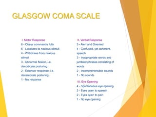 GLASGOW COMA SCALE
•I. Motor Response
6 - Obeys commands fully
5 - Localizes to noxious stimuli
4 - Withdraws from noxious
stimuli
3 - Abnormal flexion, i.e.
decorticate posturing
2 - Extensor response, i.e.
decerebrate posturing
1 - No response
•II. Verbal Response
5 - Alert and Oriented
4 - Confused, yet coherent,
speech
3 - Inappropriate words and
jumbled phrases consisting of
words
2 - Incomprehensible sounds
1 - No sounds
•III. Eye Opening
4 - Spontaneous eye opening
3 - Eyes open to speech
2 - Eyes open to pain
1 - No eye opening
 