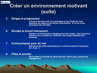 Créer un environnement motivant
(suite)
5. Dirigez la progression
L’énoncé des buts doit s’accompagner d’une feuille de route
détaillant les étapes et les tâches individuelles. Et d’une revue
périodique des résultats
6. Rendez le travail intéressant
Rotation, enrichissement, élargissement des postes. Cela stimule la
réflexion sur la qualité car l’individu a des responsabilités plus
étendues
7. Communiquez pour de vrai
Distribuez des infos pertinentes sur l’unité de travail et l’entreprise
(Cf. chap. 1)
8. Fêtez le succès
Reconnaître la réussite du personnel est l’outil le plus puissant du
management
 