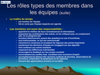 Les rôles types des membres dans
les équipes (suite)
• Le maître du temps
• est membre de l’équipe.
• fait en sorte que l’équipe respecte son agenda
• Les membres ont aussi des responsabilités :
• apportent le meilleur de leurs connaissances et informations
• respectent les contributions des autres, ne les critiquent pas, ne condamnent
pas, ne se plaignent pas
• écoutent attentivement, posent des questions en cas d’incertitude,
• sont enthousiastes, ce qui est communicatif
• cherchent le consensus et acceptent de négocier des points importants
• soutiennent les décisions d’équipe et s’engagent sur ses objectifs
• font confiance aux autres membres
• respectent les différences individuelles
• encouragent le feedback sur leur propre conduite
• reconnaissent les conflits mais travaillent avec ouverture d’esprit
• accomplissent les tâches inter réunions (collecte de données, observations de
processus, préparation de graphiques et de rapports)
• donnent des appréciations sincères et honnêtes
 