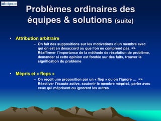 Problèmes ordinaires des
équipes & solutions (suite)
• Attribution arbitraire
– On fait des suppositions sur les motivations d’un membre avec
qui on est en désaccord ou que l’on ne comprend pas. =>
Réaffirmer l’importance de la méthode de résolution de problème,
demander si cette opinion est fondée sur des faits, trouver la
signification du problème
• Mépris et « flops »
– On reçoit une proposition par un « flop » ou on l’ignore … =>
Réactiver l’écoute active, soutenir le membre méprisé, parler avec
ceux qui méprisent ou ignorent les autres
 