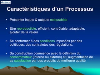 Caractéristiques d’un Processus
• Présenter inputs & outputs mesurables
• Etre reproductible, efficient, contrôlable, adaptable,
ajouter de la valeur
• Se conformer à des conditions imposées par des
politiques, des contraintes des régulations.
• Sa construction commence avec la définition du
consommateur (interne ou externe) et l’augmentation de
sa satisfaction par des produits de meilleure qualité
 