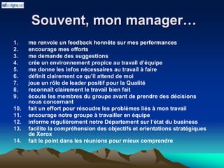 Souvent, mon manager…
1. me renvoie un feedback honnête sur mes performances
2. encourage mes efforts
3. me demande des suggestions
4. crée un environnement propice au travail d’équipe
5. me donne les infos nécessaires au travail à faire
6. définit clairement ce qu’il attend de moi
7. joue un rôle de leader positif pour la Qualité
8. reconnaît clairement le travail bien fait
9. écoute les membres du groupe avant de prendre des décisions
nous concernant
10. fait un effort pour résoudre les problèmes liés à mon travail
11. encourage notre groupe à travailler en équipe
12. informe régulièrement notre Département sur l’état du business
13. facilite la compréhension des objectifs et orientations stratégiques
de Xerox
14. fait le point dans les réunions pour mieux comprendre
 