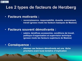 Les 2 types de facteurs de Herzberg
• Facteurs motivants :
• reconnaissance, responsabilité, réussite, avancement,
travail (grosso modo les facteurs basiques de Maslow)
• Facteurs souvent démotivants :
• salaire, bénéfices accessoires, conditions de travail,
politique d’organisation et supervision technique
(grosso modo les facteurs supérieurs de Maslow)
• Conséquence :
• éliminer ces facteurs démotivants est une tâche
prioritaire avant toute tentative d’implication
 