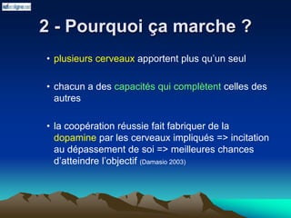 2 - Pourquoi ça marche ?
• plusieurs cerveaux apportent plus qu’un seul
• chacun a des capacités qui complètent celles des
autres
• la coopération réussie fait fabriquer de la
dopamine par les cerveaux impliqués => incitation
au dépassement de soi => meilleures chances
d’atteindre l’objectif (Damasio 2003)
 