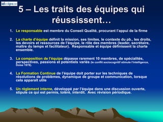 5 – Les traits des équipes qui
réussissent…
1. Le responsable est membre du Conseil Qualité, procurant l’appui de la firme
2. La charte d’équipe définit la mission, ses limites, le contexte du pb., les droits,
les devoirs et ressources de l’équipe, le rôle des membres (leader, secrétaire,
maître du temps et facilitateur). Responsable et équipe définissent la charte
ensemble.
3. La composition de l’équipe dépasse rarement 10 membres, de spécialités,
perspectives, passions et potentiels variés (le conflit sociocognitif stimule l’intelligence,
Doise 1978).
4. La Formation Continue de l’équipe doit porter sur les techniques de
résolutions de problèmes, dynamique de groupe et communication, lorsque
cela apparaît utile
5. Un règlement interne, développé par l’équipe dans une discussion ouverte,
stipule ce qui est permis, toléré, interdit. Avec révision périodique.
 