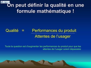 On peut définir la qualité en une
formule mathématique !
Qualité = Performances du produit
Attentes de l’usager
Toute la question est d’augmenter les performances du produit pour que les
attentes de l’usager soient dépassées
 