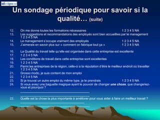 Un sondage périodique pour savoir si la
qualité… (suite)
12. On me donne toutes les formations nécessaires 1 2 3 4 5 NA
13. Les suggestions et recommandations des employés sont bien accueillies par le management
1 2 3 4 5 NA
14. Le management s’occupe vraiment des employés 1 2 3 4 5 NA
15. J’aimerais en savoir plus sur « comment on fabrique tout ça » 1 2 3 4 5 NA
16. La Qualité du travail telle qu’elle est organisée dans cette entreprise est excellente
17. 1 2 3 4 5 NA
18. Les conditions de travail dans cette entreprise sont excellentes
19. 1 2 3 4 5 NA
20. Parmi les entreprises de la région, celle-ci a la réputation d’être le meilleur endroit où travailler
1 2 3 4 5 NA
21. Grosso modo, je suis content de mon emploi
22. 1 2 3 4 5 NA
23. Si je trouvai un autre emploi du même type, je le prendrais 1 2 3 4 5 NA
24. Si vous aviez une baguette magique ayant le pouvoir de changer une chose, que changeriez-
vous et pourquoi ?
________________________________________
________________________________________
22. Quelle est la chose la plus importante à améliorer pour vous aider à faire un meilleur travail ?
_____________________________________
________________________________________
 