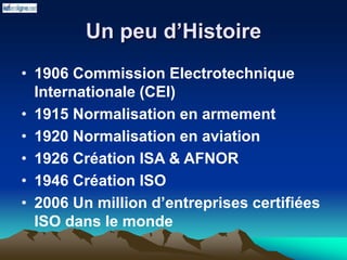 Un peu d’Histoire
• 1906 Commission Electrotechnique
Internationale (CEI)
• 1915 Normalisation en armement
• 1920 Normalisation en aviation
• 1926 Création ISA & AFNOR
• 1946 Création ISO
• 2006 Un million d’entreprises certifiées
ISO dans le monde
 
