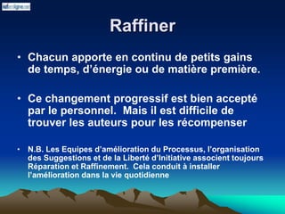 Raffiner
• Chacun apporte en continu de petits gains
de temps, d’énergie ou de matière première.
• Ce changement progressif est bien accepté
par le personnel. Mais il est difficile de
trouver les auteurs pour les récompenser
• N.B. Les Equipes d’amélioration du Processus, l’organisation
des Suggestions et de la Liberté d’Initiative associent toujours
Réparation et Raffinement. Cela conduit à installer
l’amélioration dans la vie quotidienne
 