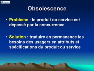 Obsolescence
• Problème : le produit ou service est
dépassé par la concurrence
• Solution : traduire en permanence les
besoins des usagers en attributs et
spécifications du produit ou service
 