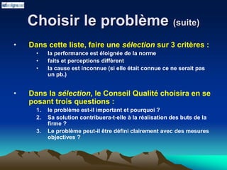 Choisir le problème (suite)
• Dans cette liste, faire une sélection sur 3 critères :
• la performance est éloignée de la norme
• faits et perceptions diffèrent
• la cause est inconnue (si elle était connue ce ne serait pas
un pb.)
• Dans la sélection, le Conseil Qualité choisira en se
posant trois questions :
1. le problème est-il important et pourquoi ?
2. Sa solution contribuera-t-elle à la réalisation des buts de la
firme ?
3. Le problème peut-il être défini clairement avec des mesures
objectives ?
 