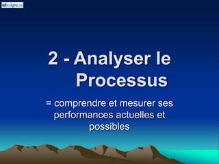 2 - Analyser le
Processus
= comprendre et mesurer ses
performances actuelles et
possibles
 