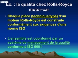 Ex. : la qualité chez Rolls-Royce
motor-car
• Chaque pièce (technique/type) d’un
moteur Rolls-Royce est construite
conformément aux exigences d'une
norme ISO
• L’ensemble est coordonné par un
système de management de la qualité
conforme à ISO 9001
 